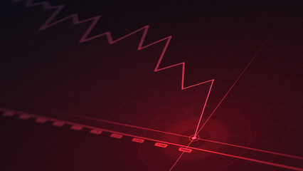 Sharp red line graph crashing downwards on dark digital grid background, symbolizing stock market collapse financial crisis economic downturn with "Today" marker at lowest point
