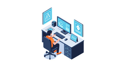 Professional designer working on a modern computer setup, creating cutting-edge designs for the future in a sleek, isometric workspace