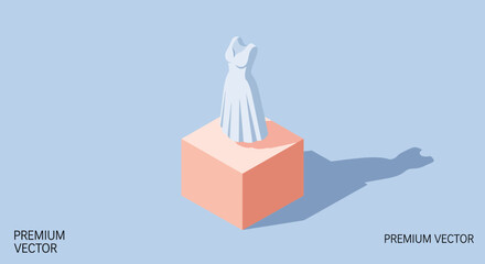 Elegant minimalist wedding dress on display podium for bridal boutique promotions and fashion design projects, highlighting sophistication and modern style