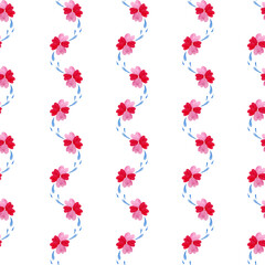 Watercolor seamless pattern vertical wave with flowers and leaves on a white background.