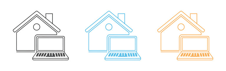 Home Office. Symbol with Computer Inside a House Icon. Smart home technology and remote work concept. Icon representing remote work from home with a person using a laptop inside a house.