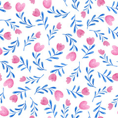 Watercolor seamless pattern with pink flowers and blue leaves on a white background. The illustration botanical art hand drawn for invitations, cards, packaging.