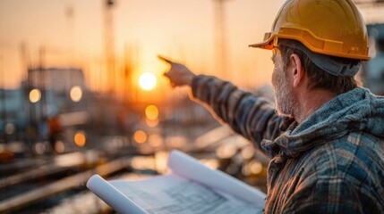 Construction Worker Reviewing Blueprints at Sunset on Job Site
