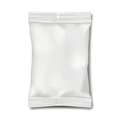 Plastic pillow bag. Front view. Realistic 3d mockup. White blank fin seal pouch sachet package. Vector mock-up. Flow-pack flexible packaging. Template for design