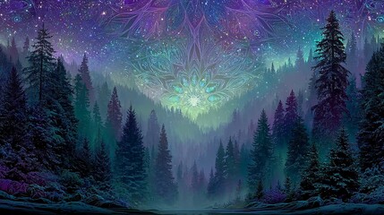 Enchanted Forest Under Cosmic Sky with Vibrant Colors and Stars