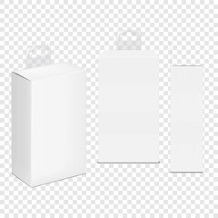 White blank paperboard box with tuck-in flap, euro hole clear plastic tab. Front, side view. 3d mock-up. Paper container packaging. Realistic vector mockup. Hanging carton package. Template for design