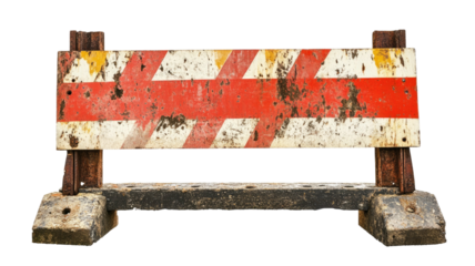 Old construction striped barricade weathered safety barrier warning stripes roadwork equipment urban infrastructure studio photography isolated on white background