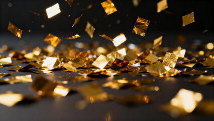 Golden confetti pieces scattered and floating in the air against a dark background, creating a festive and celebratory atmosphere.