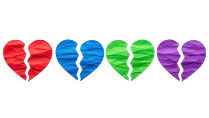 Colorful broken hearts on a black background symbolizing loss and emotion
