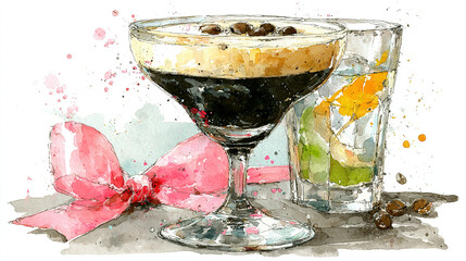 Watercolor painting of two cocktails, garnished with fruits and a pink ribbon.