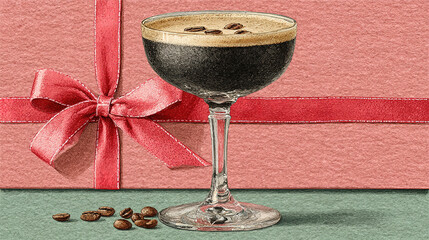 Coffee cocktail in a glass with a pink gift box in background.