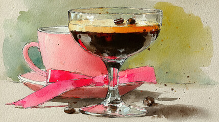 Watercolor illustration of an espresso with a pink cup and saucer behind it.