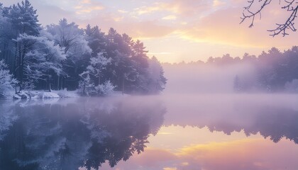 【鏡面世界】雪を纏った森とパステルカラーの朝焼けが映り込む、完璧な水面の湖畔