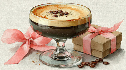 Coffee-based dessert in a glass with toppings, surrounded by gifts and beans.