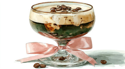 Dessert in a glass with cream, coffee, and chocolate toppings, decorated with a ribbon.
