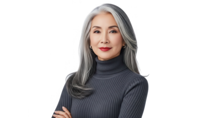 Elegant senior woman with long grey hair and a confident expression