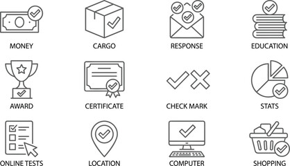 Business approval line icons set for money cargo response education certificate stats online tests shopping computer location