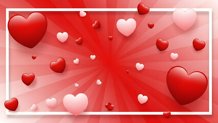 Red and pink hearts floating on a radial red background with white frame love romance