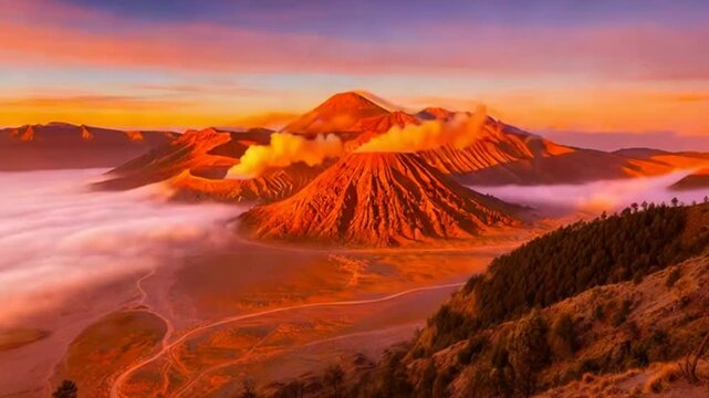 Majestic Sunrise Over Mount Bromo Volcano with Erupting Crater and Misty Valley.