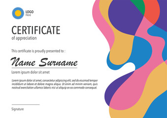 Horizontal bussiness certificate of appreciation achievement with colorful organic shapes composition