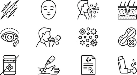 Allergy symptoms medical line icons set showing skin rash sneezing itching asthma treatment healthcare vector illustration diagnosis prevention outline symbols