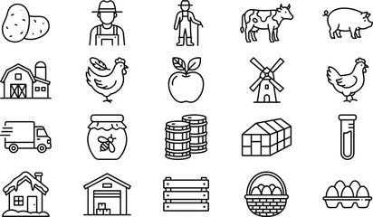 Agriculture and farming line icon set featuring farmer livestock crops food production barn transport rural economy concepts © MDALRAFIN