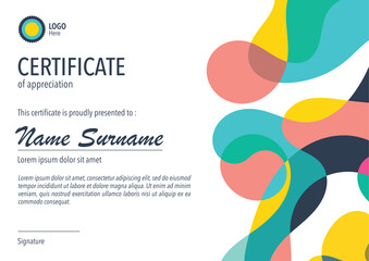 Horizontal bussiness certificate of appreciation achievement with colorful organic shapes composition