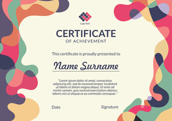 Horizontal bussiness certificate of appreciation achievement with colorful organic shapes composition