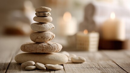 Obraz premium Soft Beige Stones Arranged in a Stacked Formation Create a Warm Atmosphere in a Spa Setting With Candles Glowing in the Background