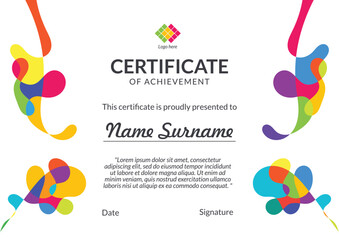 Horizontal bussiness certificate of appreciation achievement with colorful organic shapes composition
