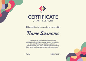 Horizontal bussiness certificate of appreciation achievement with colorful organic shapes composition
