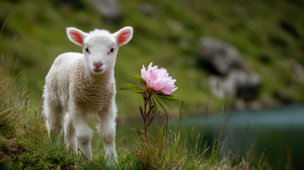 Obraz premium Lamb standing near pink flower in mountain meadow