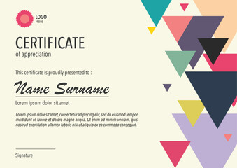 Horizontal bussiness certificate of appreciation achievement with colorful organic shapes composition