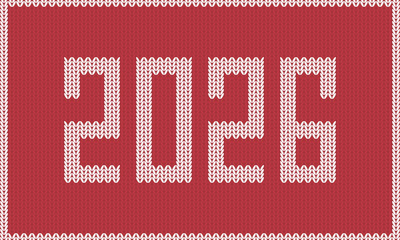 White knitted-style numbers forming the year 2026 on a red Christmas background. Vector Illustration.