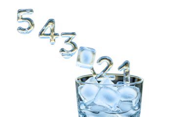 Ice numbers counting down from five falling into glass with cubes isolated on transparent background