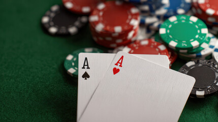 Aces pair poker cards with casino chips