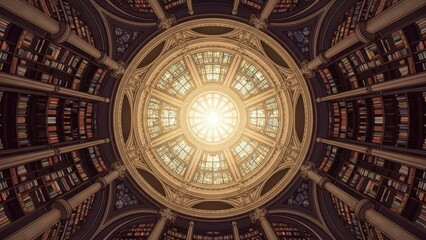 Grand Dome and Bookshelves of a Historic Library from Below.