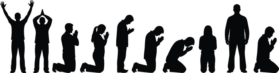 Diverse people praying, worshipping, and seeking, silhouette set on white, men and women kneeling in devotion, standing with hands raised, religious faith concept, spiritual 