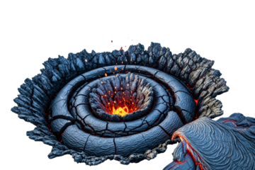 Cracked black volcanic crater with glowing orange molten lava center isolated on transparent background