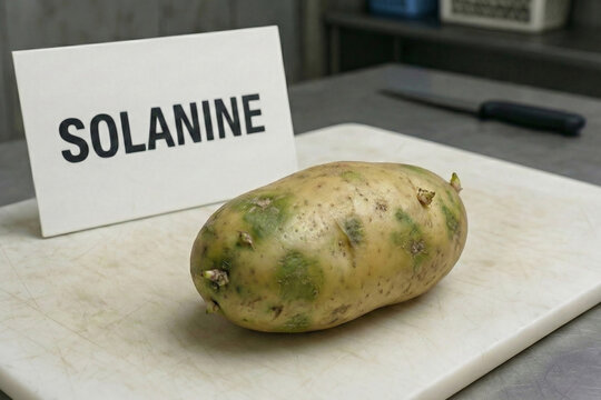 Green potato tuber with sprouts and solanine warning label displaying natural toxins and glycoalkaloid poisoning risks for food safety science and research concepts