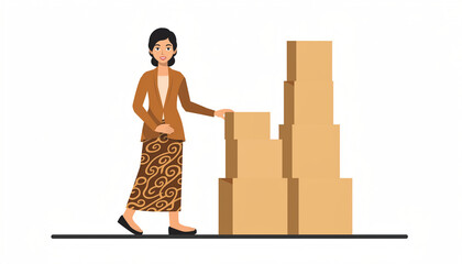 A woman in traditional Indonesian attire standing next to a stack of cardboard boxes, ready for moving or storage.