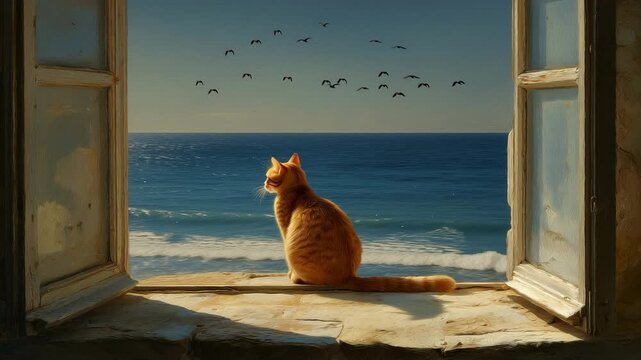 窓辺で海を眺める茶トラ猫の、のんびりとした後ろ姿