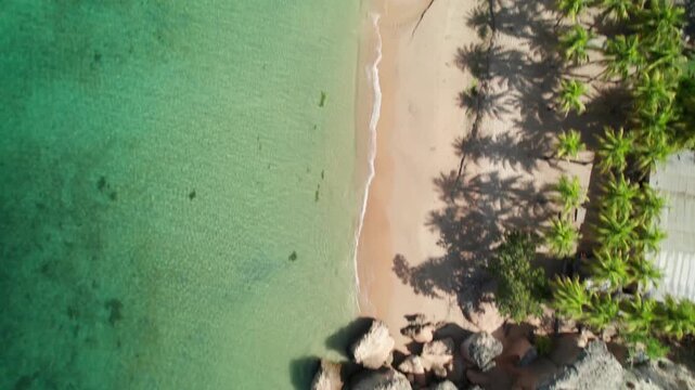 Drone tilt up over Araya beach, showing serene shore and turquoise water