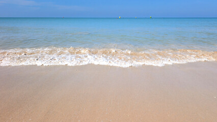An idyllic beach scene with gentle waves rolling onto the shore under a clear sky