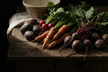 Fresh Vegetables on Rustic Table