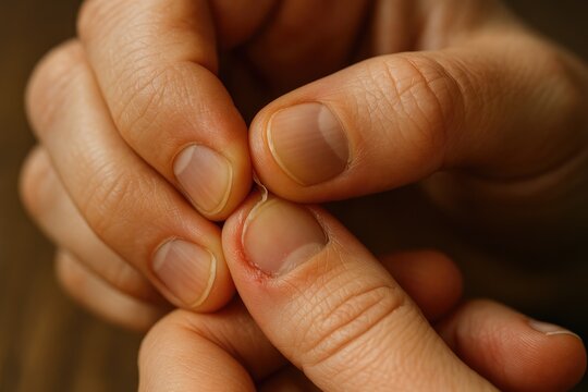 Close-up macro view of damaged finger cuticle and hangnail, showing skin irritation and picking.