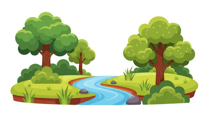 Naklejka premium Cartoon river flowing through green landscape with trees and bushes idyllic nature scene for childrens books and environmental concepts