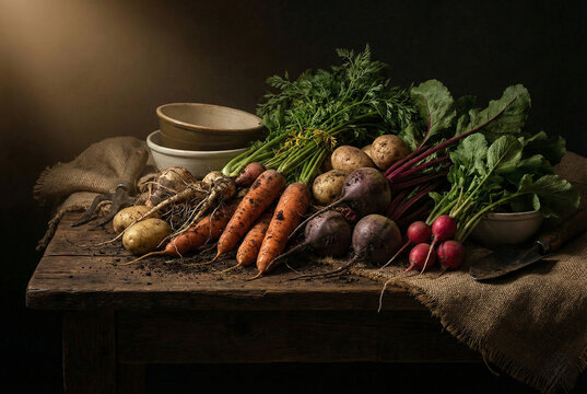 Dark moody still life of fresh organic vegetables on rustic wood table with dramatic lighting. - Powered by Adobe