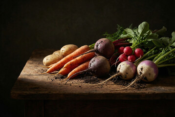Dark moody still life of fresh organic vegetables on rustic wood table with dramatic lighting.
