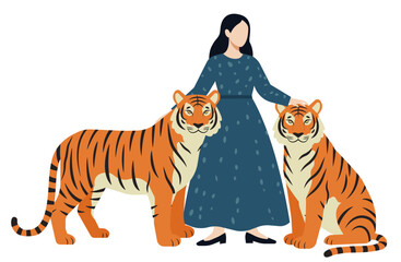 2頭の虎を連れた強さを感じさせる女性のイラスト